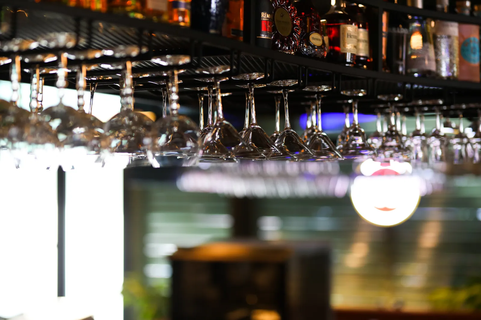 Glassware hanging above the bar