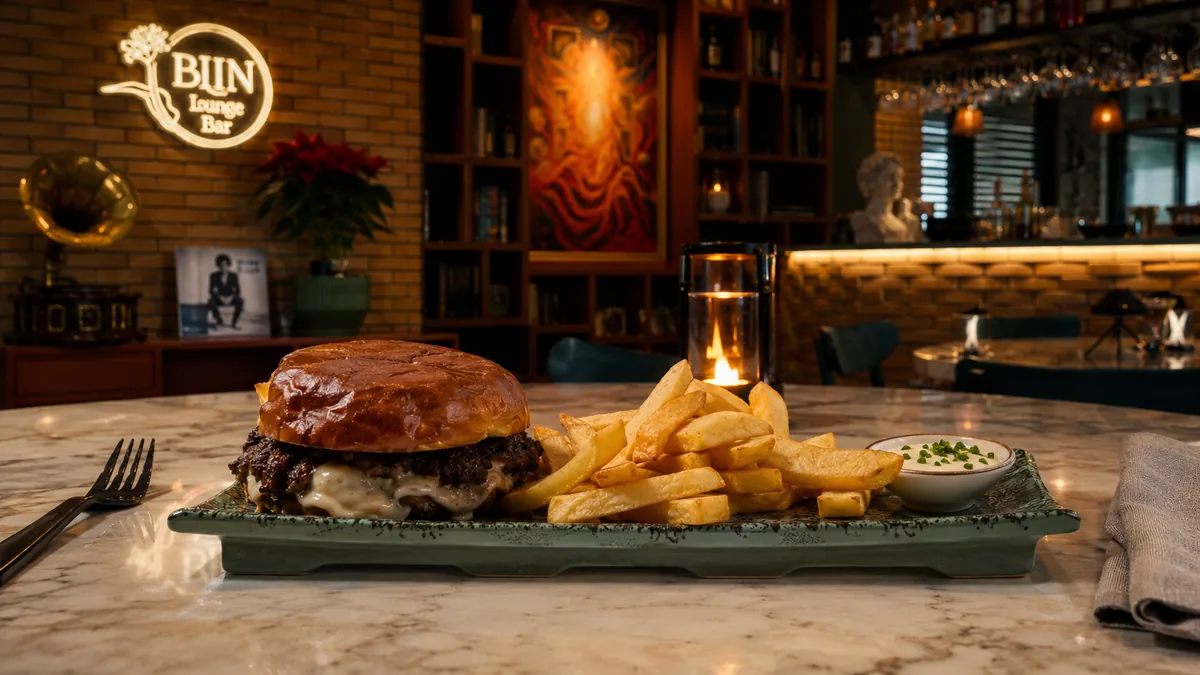 Blin Bistro smash burger on marble bar